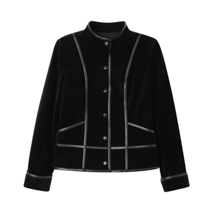 THESOONG/秋冬女士复古分割线修身短款正肩立领丝绒棉服外套7774