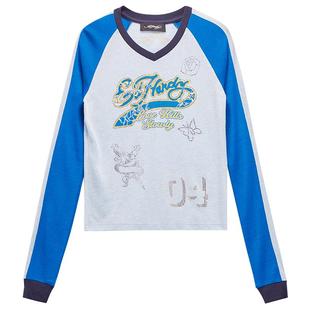 Ed Hardy埃德哈迪春季流行新款拔印烫钻V领修身插肩袖女士长袖T恤