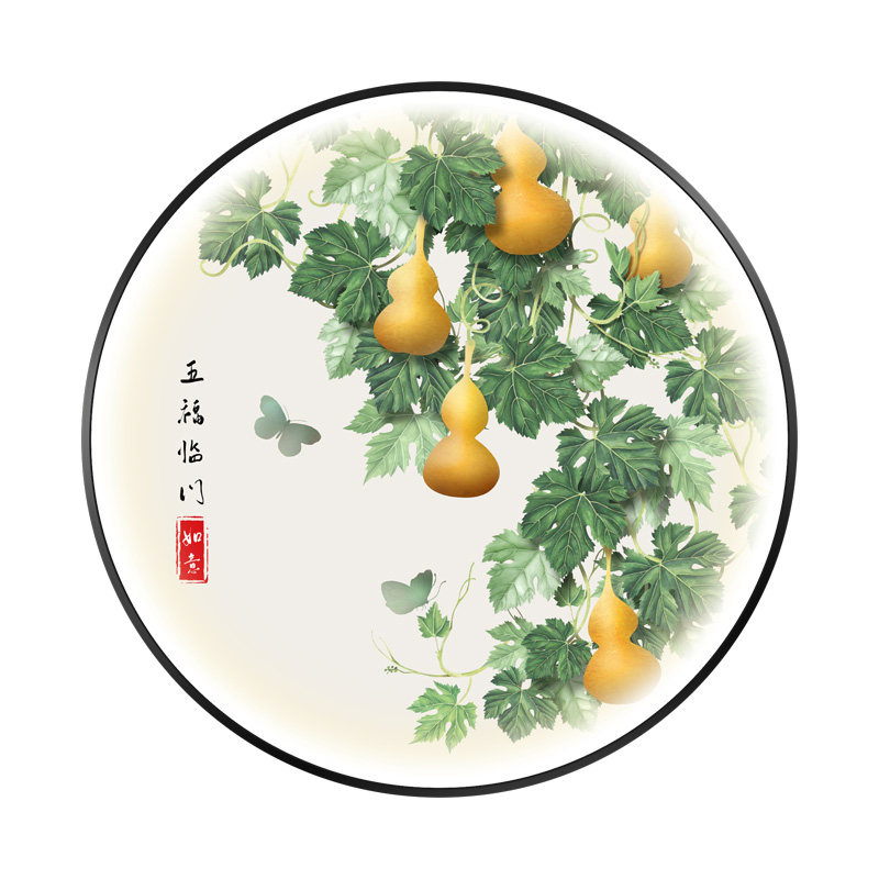 五福临门圆形装饰画LED带灯晶瓷画书房茶室背景墙新中式玄关挂画