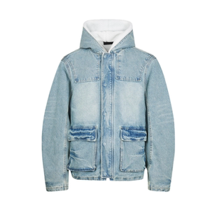 WE11DONE MOMO重工美式刺绣水洗羊羔绒牛仔连帽外套休闲保暖棉服