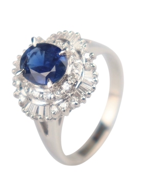 中古95新日本进口商品椭圆型切工蓝宝石钻石戒指铂金90051号