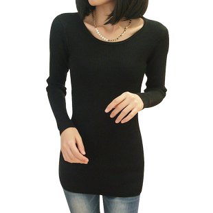 2025秋冬新款女士韩版纯色低圆领修身中长款加厚针织衫打底毛衣女