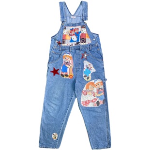 童趣古着昭和风减龄背带裤牛仔裤女直筒宽松裤子贴布绣2023年春季