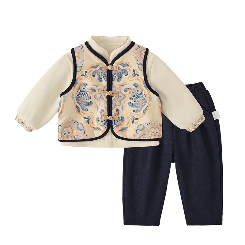 [抑菌远红外]男童拜年套装新中式马甲国风唐装三件套加绒新年服