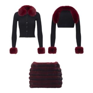 JYOSEI角色新年氛围感毛领袖套可拆卸短款针织衫坎肩毛毛包臀裙