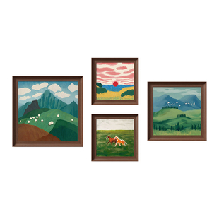 中古风客厅装饰画法式复古沙发背景墙挂画绿色风景组合壁画高级感