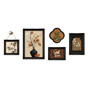 沙发背景墙挂画中古风客厅装饰画柿柿如意复古油画组合高级感壁画