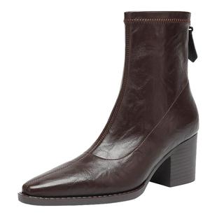 达芙妮高跟短靴2025新款黑色棕色尖头瘦瘦秋冬加绒女款马丁女靴子