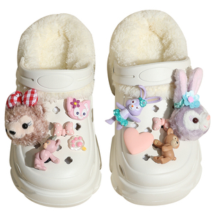 时慢加绒洞洞鞋冬款可拆卸女士厚底保暖可爱黑色外穿加棉拖鞋增高