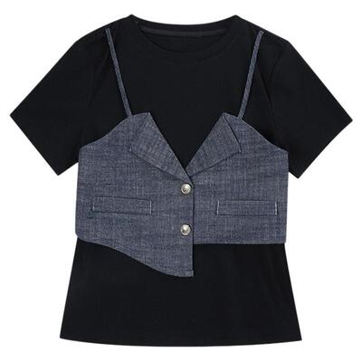 利达NEWDADA设计感小众t恤女2026春正肩短袖体恤高级感拼接假两件