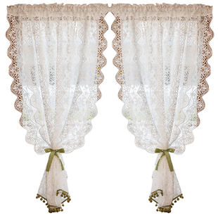 美式法式水波毛球流苏白色蕾丝纱帘厨房遮挡帘半帘门帘小窗户窗帘