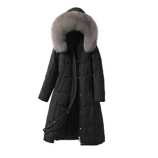 羽绒服女中长款连帽狐狸毛领黑色修身气质2025新款高端白鸭绒外套