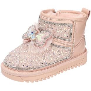 TATA他她童鞋冬季加绒雪地靴小女孩时尚宝宝靴闪钻小蝴蝶洋气短靴