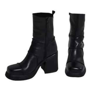 TROPICEYE 秋冬黑色头层牛皮方头靴子女时尚百搭粗跟防水台短靴