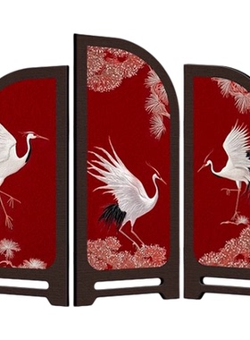 中古风仙鹤桌面屏风摆件法式电视玄关柜边柜装饰品可折叠复古摆画