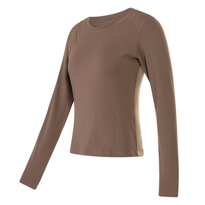 骆驼纯色长袖薄绒保暖瑜伽T恤