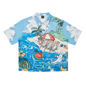 GEEEKPANDA海边度假风大码花衬衫男宽松夏季宽松古巴领衬衣8296