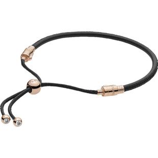 Pandora潘多拉奥莱黑色滑动式皮革手环可调节素链礼物