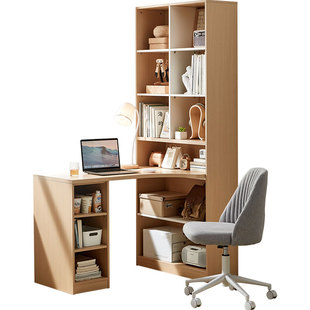 林氏家居胡桃色全实木转角书桌书柜一体角落学习电脑桌椅组合木业
