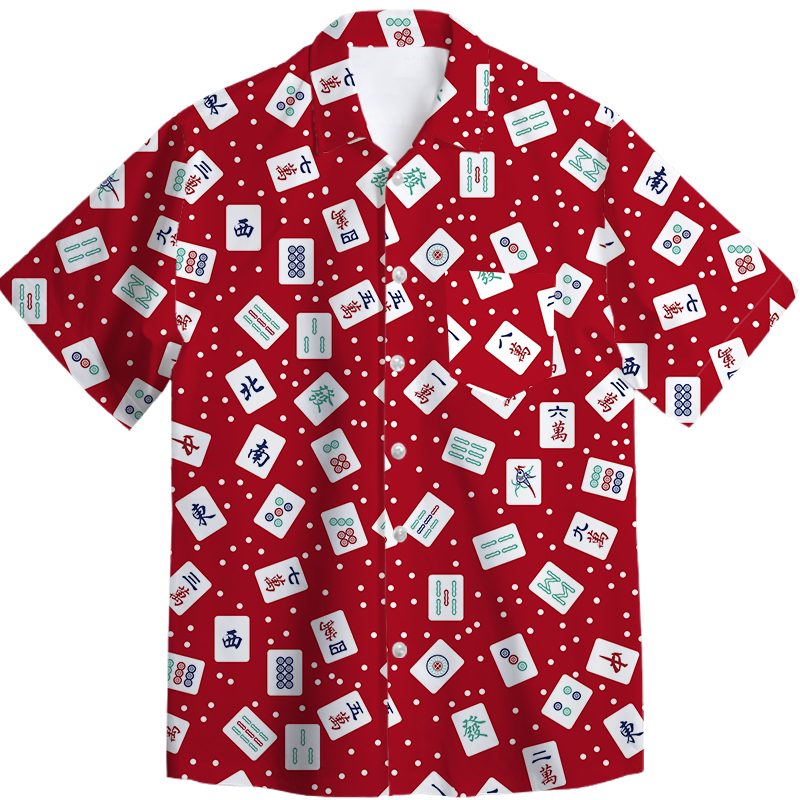 麻將港風(fēng)百搭短袖襯衫男女夏季本命年紅色新年衣服小眾潮流上衣