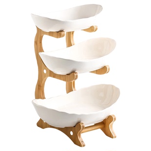 简约陶瓷果盘木质支架多层收纳家用水果盘半手工创意果篮摆放台