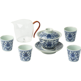 三勤堂青花缠枝莲盖碗陶瓷茶具套装手工功夫茶具办公室会客泡茶杯