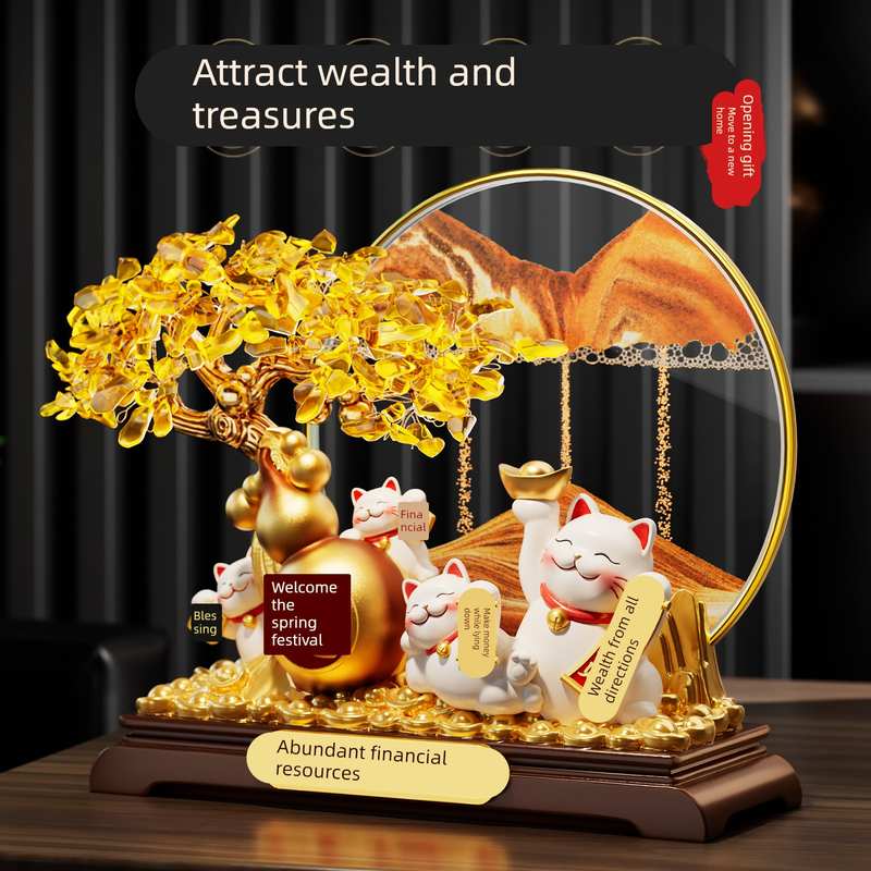 财源广进发财树招财猫流沙画摆件高档装饰品乔迁开业礼物