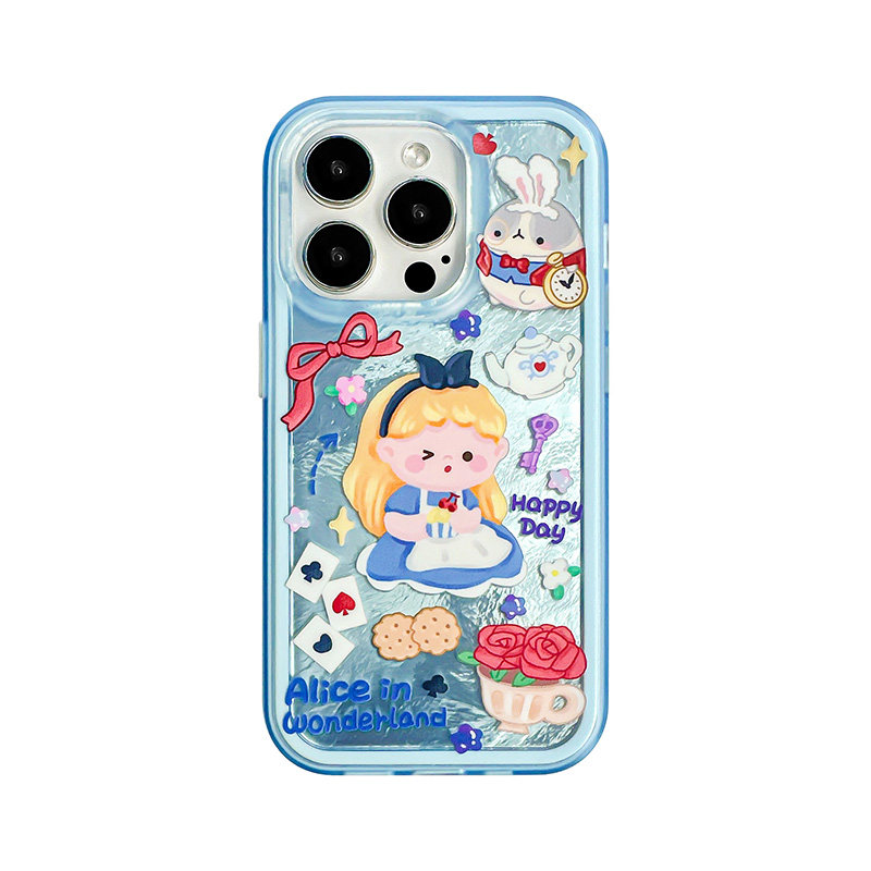 【PinkBelle】新款镭射卡通绘画爱丽丝适用苹果16pro Max创意ins风iPhone15二合一14梦游仙境防摔