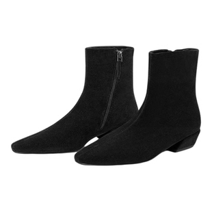 星期六法式时装靴女2025年秋冬方头弹力靴粗跟瘦瘦靴绒面复古短靴