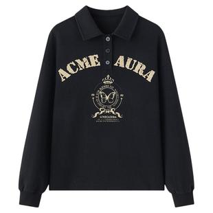 ACMEAURA 美式复古校园风宽松印花套头Polo领卫衣女百搭潮流上衣