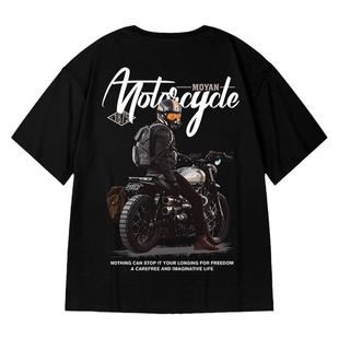 机车潮牌宽松T恤胖子短袖男加肥加大五分袖嘻哈国潮大码男装夏季