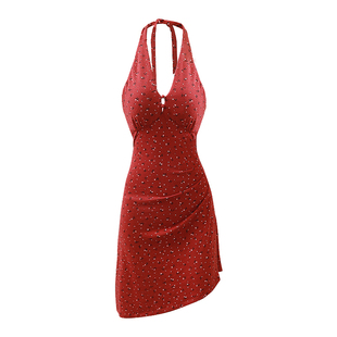 AlphaGym定制亮丝面料带胸垫|复古碎花露背连衣裙修身V领吊带长裙