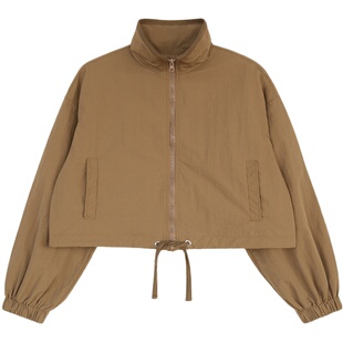 花吉B694拿铁咖色织带滚边立领短款风衣女2026新款春学院无帽外套