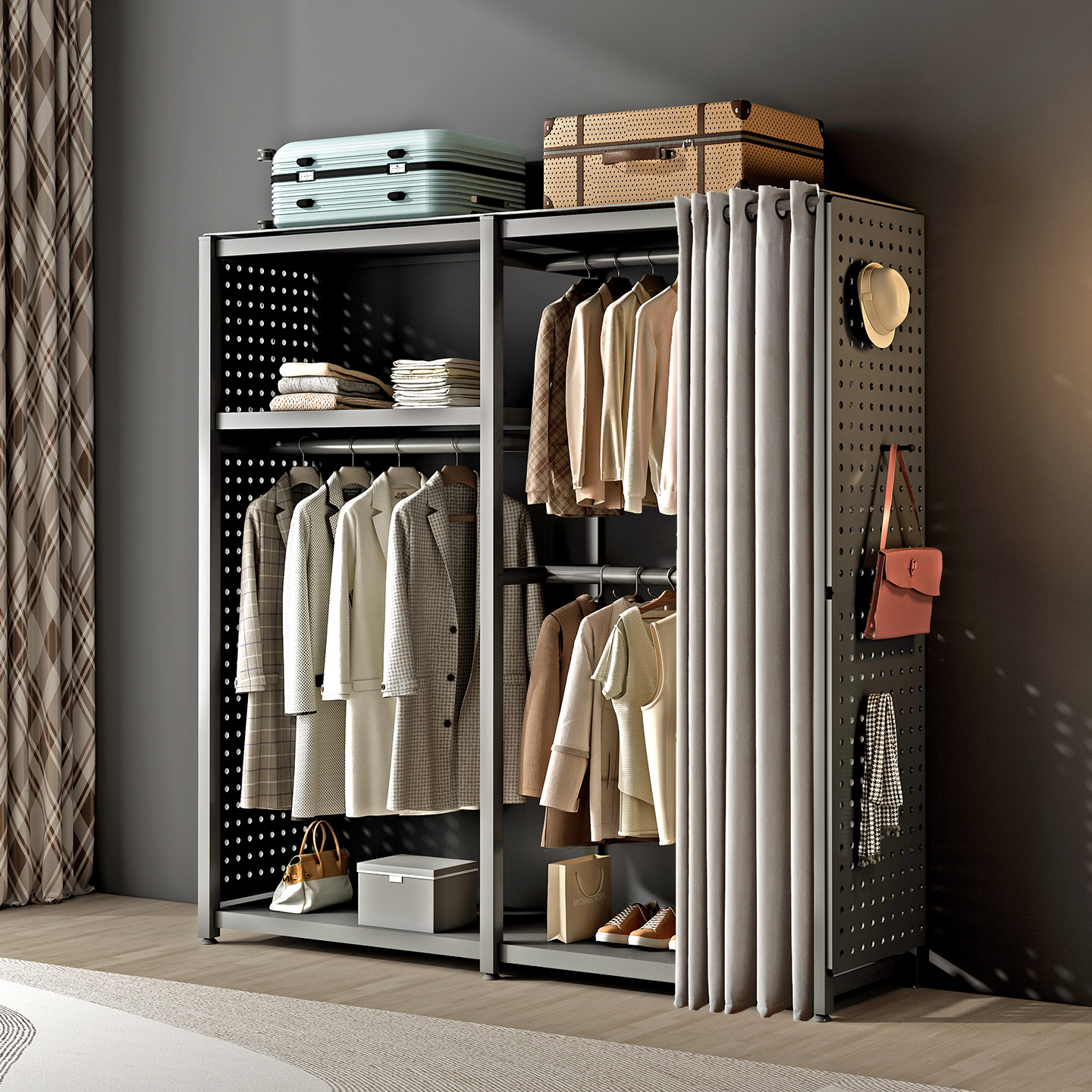 洞洞板货架衣柜家用卧室出租房衣物收纳简易组装落地衣帽间衣架子