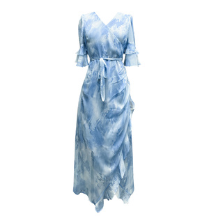 小清新雪纺沙滩裙2026新款女荷叶边蓝色仙女裙长裙海边度假连衣裙