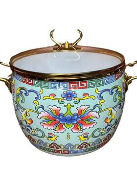 珐琅搪瓷绿钩莲花加厚复古锅具套装蒸锅汤锅水壶洗菜盆和面盆