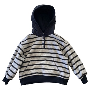 【中童100-150码】韩版条纹连帽卫衣男童秋冬洋气拼色上衣女童