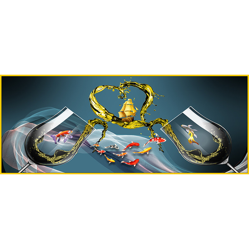 招财九鱼图餐厅装饰画轻奢酒杯壁画壁纸客厅饭厅餐桌背景墙画挂画