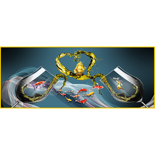 招财九鱼图餐厅装饰画轻奢酒杯壁画壁纸客厅饭厅餐桌背景墙画挂画