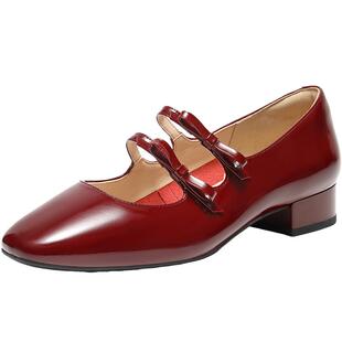 周雨彤马思纯同款百丽真皮红色玛丽珍鞋新款粗高跟浅口婚单鞋子预