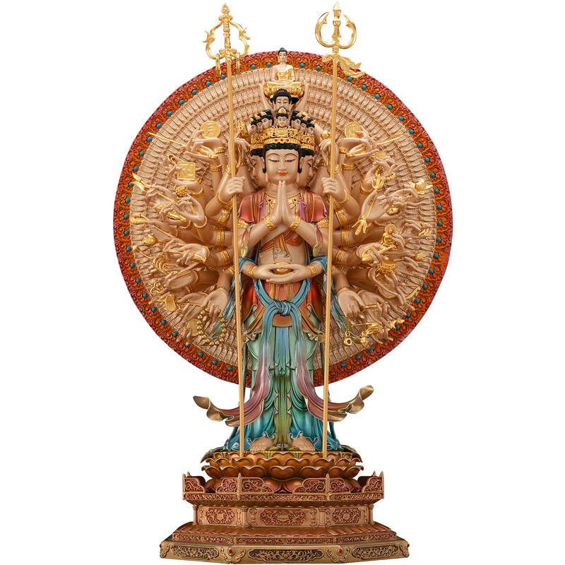 铜彩贴金千手观音佛像供奉摆件
