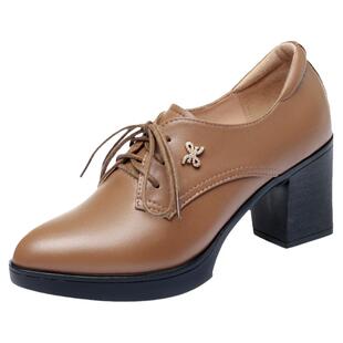 中年女士皮鞋真皮不累脚女鞋软底系带中跟单鞋女软皮高跟鞋妈妈款