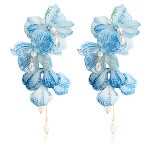 IPINK夏日蓝色油画布艺花朵耳环耳夹女流苏夸张耳饰2025新款耳钉