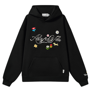 HACR珍珠绣手写字连帽卫衣女 童趣国潮牌宽松休闲上衣