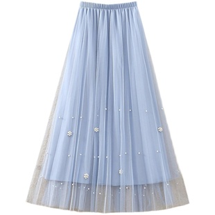 网纱半身裙女2024春夏高腰钉珠a字裙中长款百褶裙子超火纱裙半裙