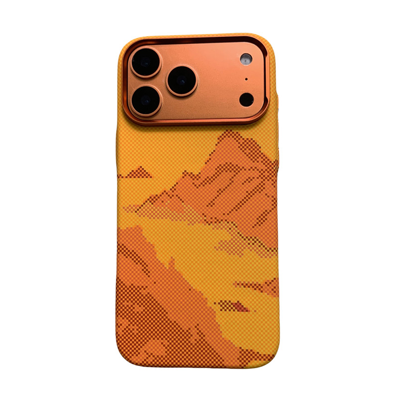 仿凯夫拉纹碳纤维纹理橙色风暴山河山峰适用iPhone17promax手机壳磁吸苹果17pro硬壳保护壳轻奢商务浮雕水贴
