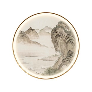 新中式玄关装饰画LED灯圆形山水画意境国画客餐厅茶室背景墙挂画