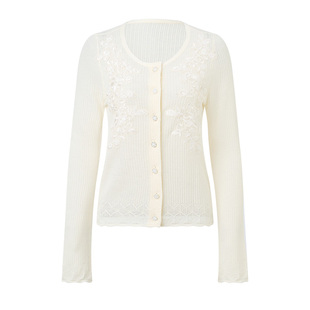 MAXRIENY白色绣花针织开衫2026春季新款纯羊毛上衣钉珠毛衣针织衫
