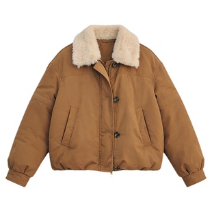 Basic House/百家好卡其色90鸭绒短款羽绒服女士冬季毛领加厚外套