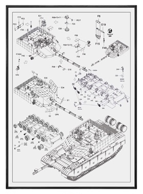 黑白工业风99a坦克分解线稿挂画